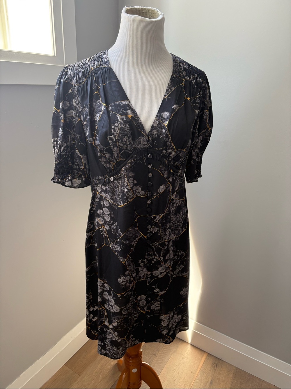 AllSaints Black Floral Button-Front Mini Dress